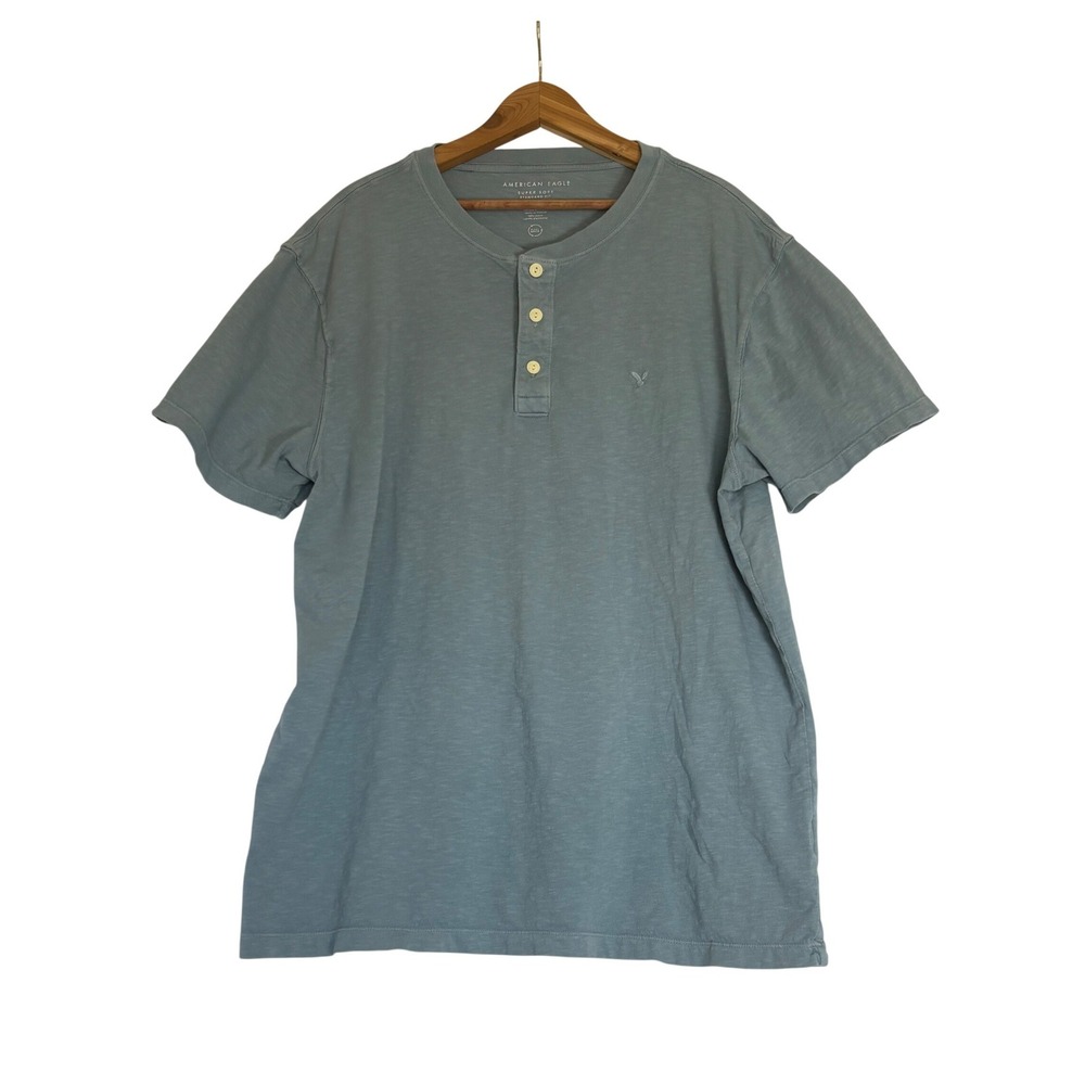 American Eagle Super Soft Henley Shirt Mens XL Blue Gray Short Sleeve Cotton
